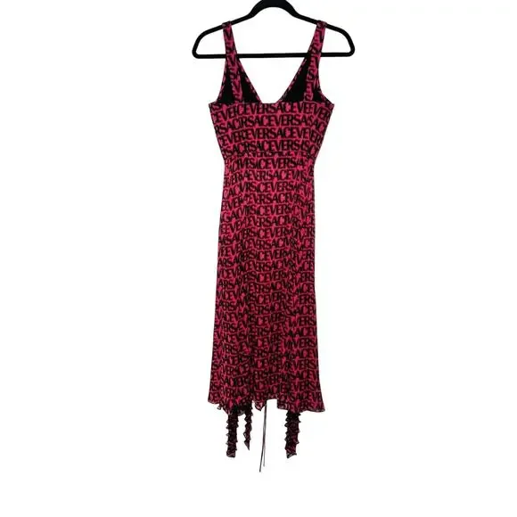 NWT Versace Runway Plisse Silk Dress IT 44 US 8 All Over Logo Red Black $5,425